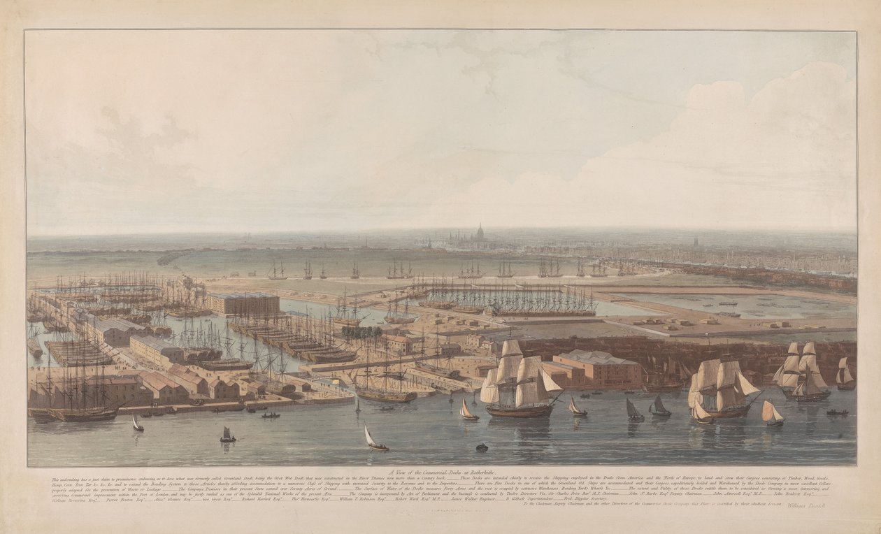Et billede af de kommercielle havneanlæg i Rotherhithe af William Daniell