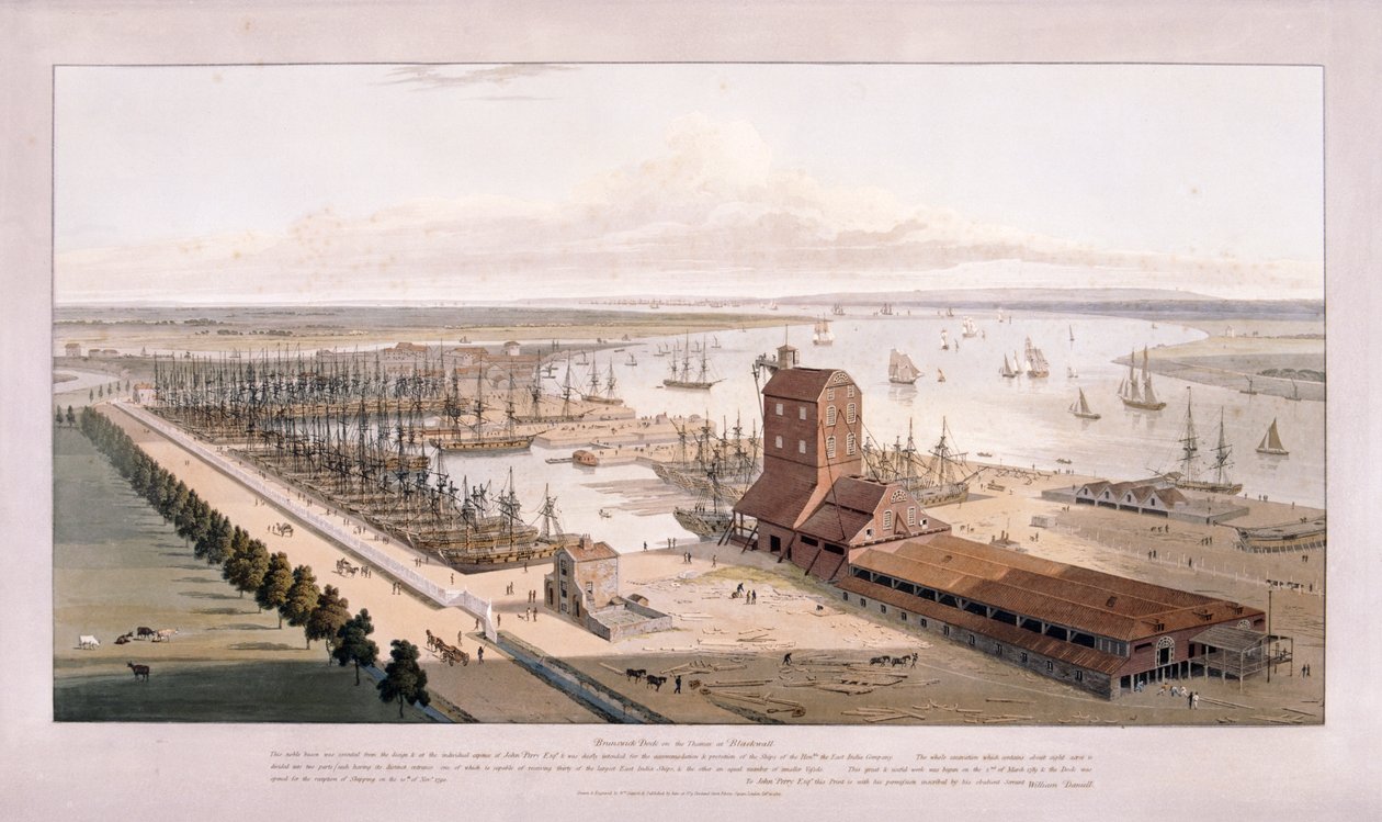 Brunswick Dock og East India Dock, Poplar, London, 1803 af William Daniell