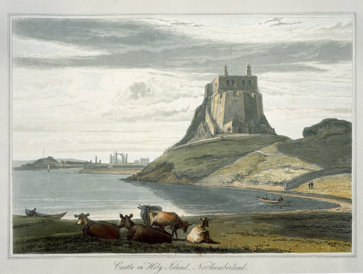 Slottet på Holy Island, Northumberland, fra "A Voyage Around Great Britain Undertaken between the Years 1814 and 1825", udgivet 1822 (akvatint) af William Daniell