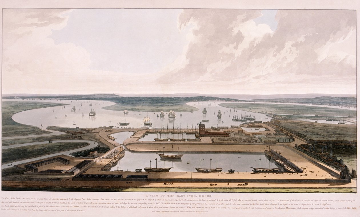 East India Docks, Poplar, London, 1808 af William Daniell