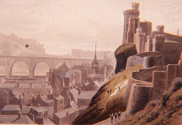 Edinburgh med en del af North Bridge og Castle, fra Daniell