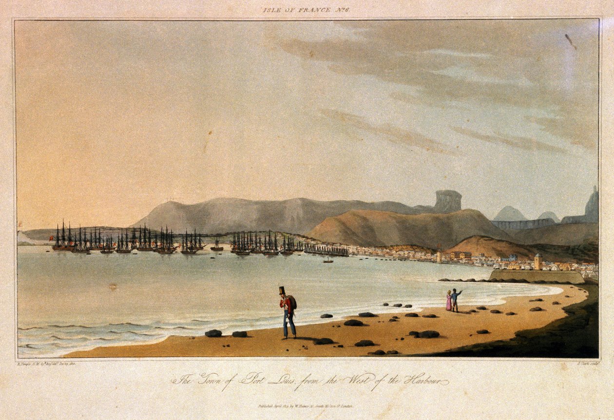 Ile de France (Mauritius), set fra byen Port Louis, fra vest for havnen. Radering i farver af William Daniell