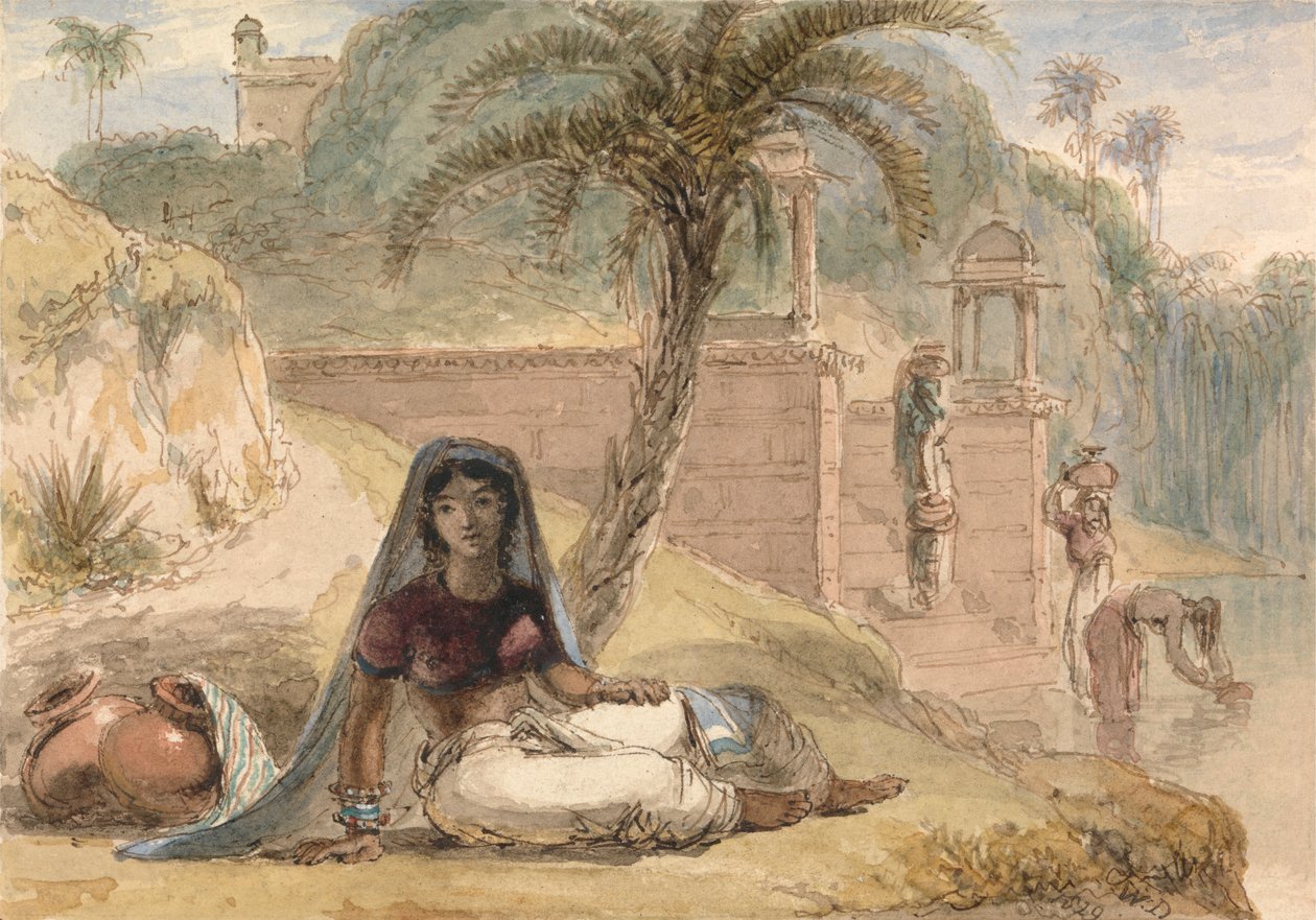 Indisk pige, der sidder ved en flod af William Daniell