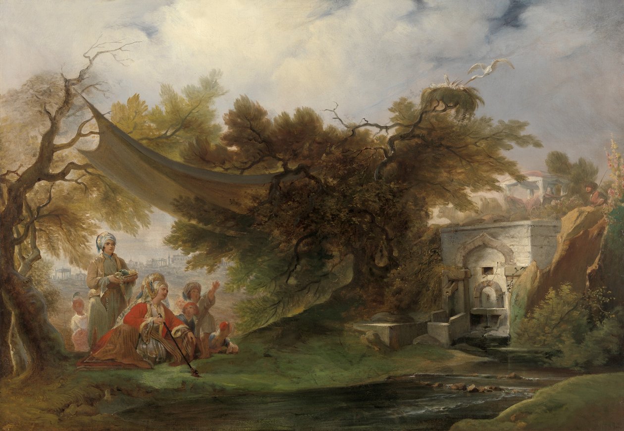 Indisk landskab med figurer nær en strøm (olie på lærred) af William Daniell
