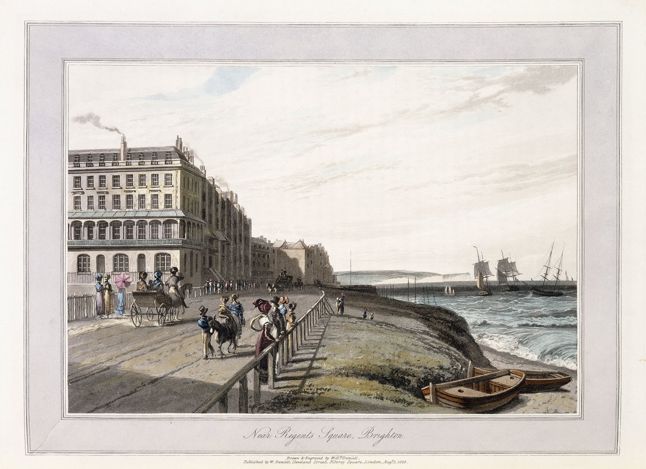 Nær Regents Square, Brighton, ca. 1814-1825 (håndfarvet akvatint, grå vask) af William Daniell