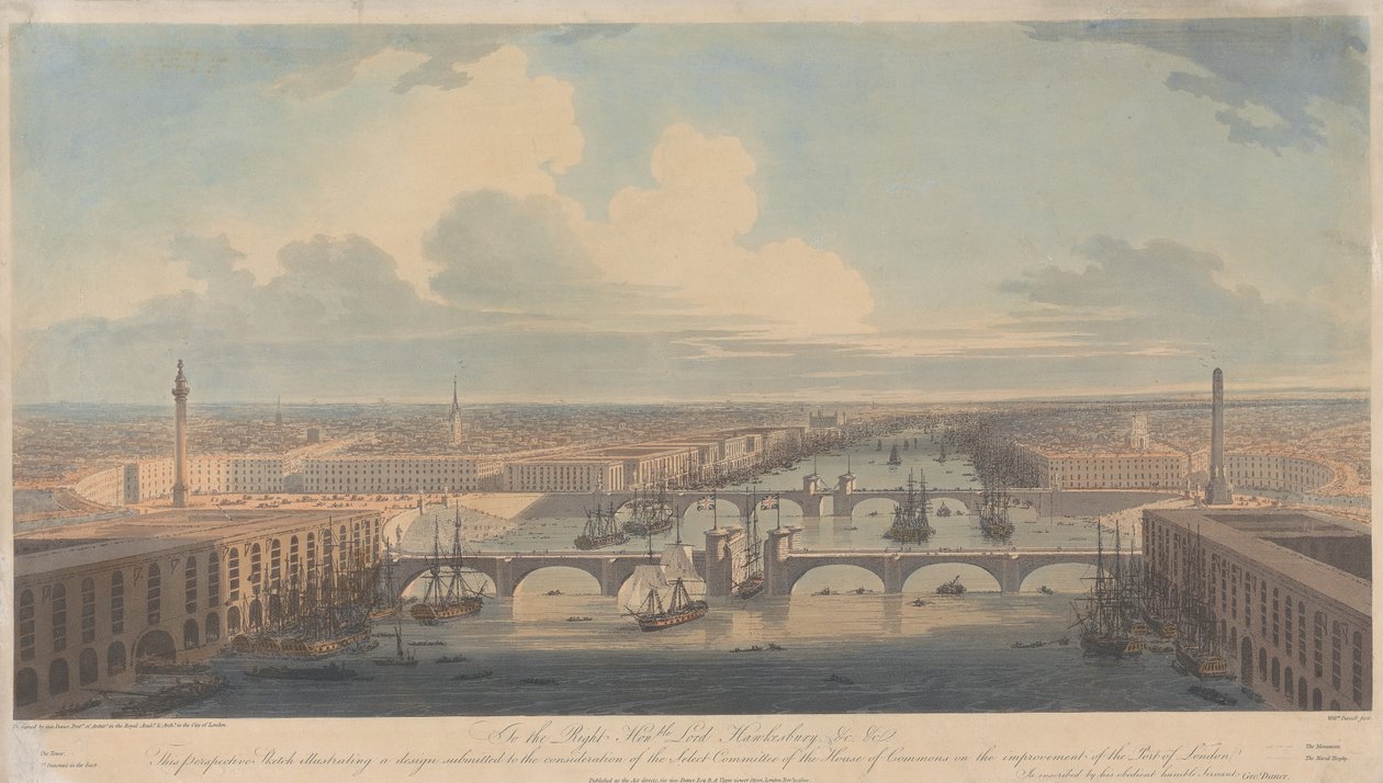 Perspektivisk skitse, der illustrerer et forslag til forbedring af Londons havn af William Daniell