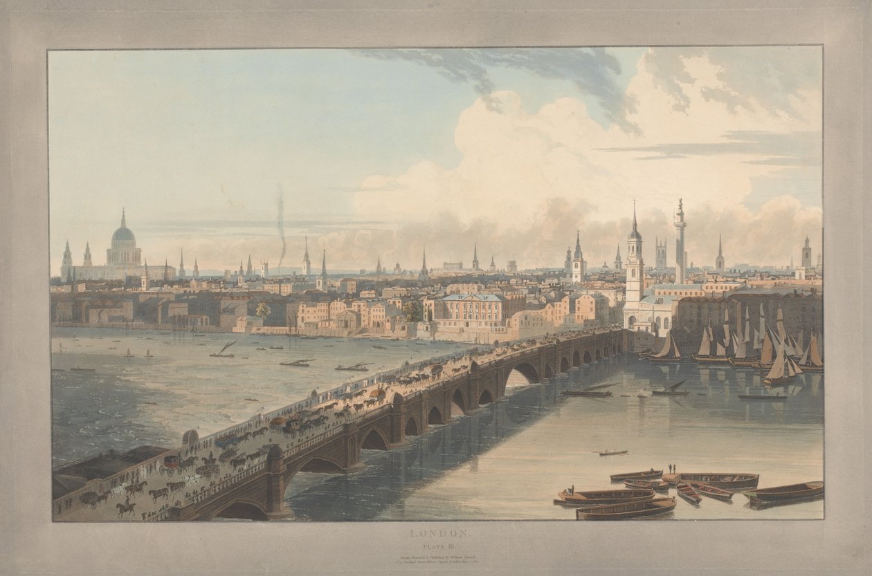 Tavle III: London, London Bridge (fra William Daniells »Six Views of London«; set fra Themsen) af William Daniell