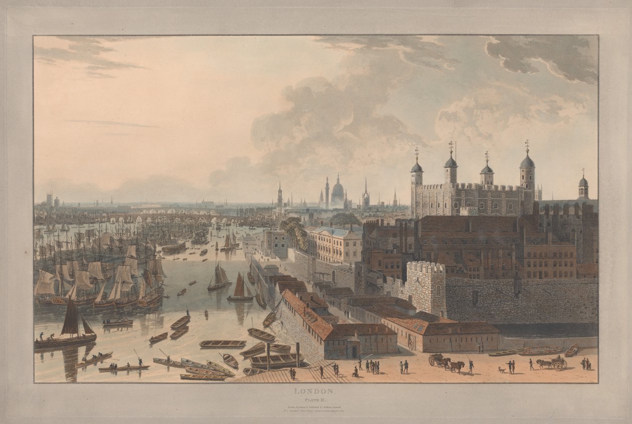 Tavle II: London, The Pool og The Tower (fra William Daniells »Six Views of London«; set fra Themsen) af William Daniell