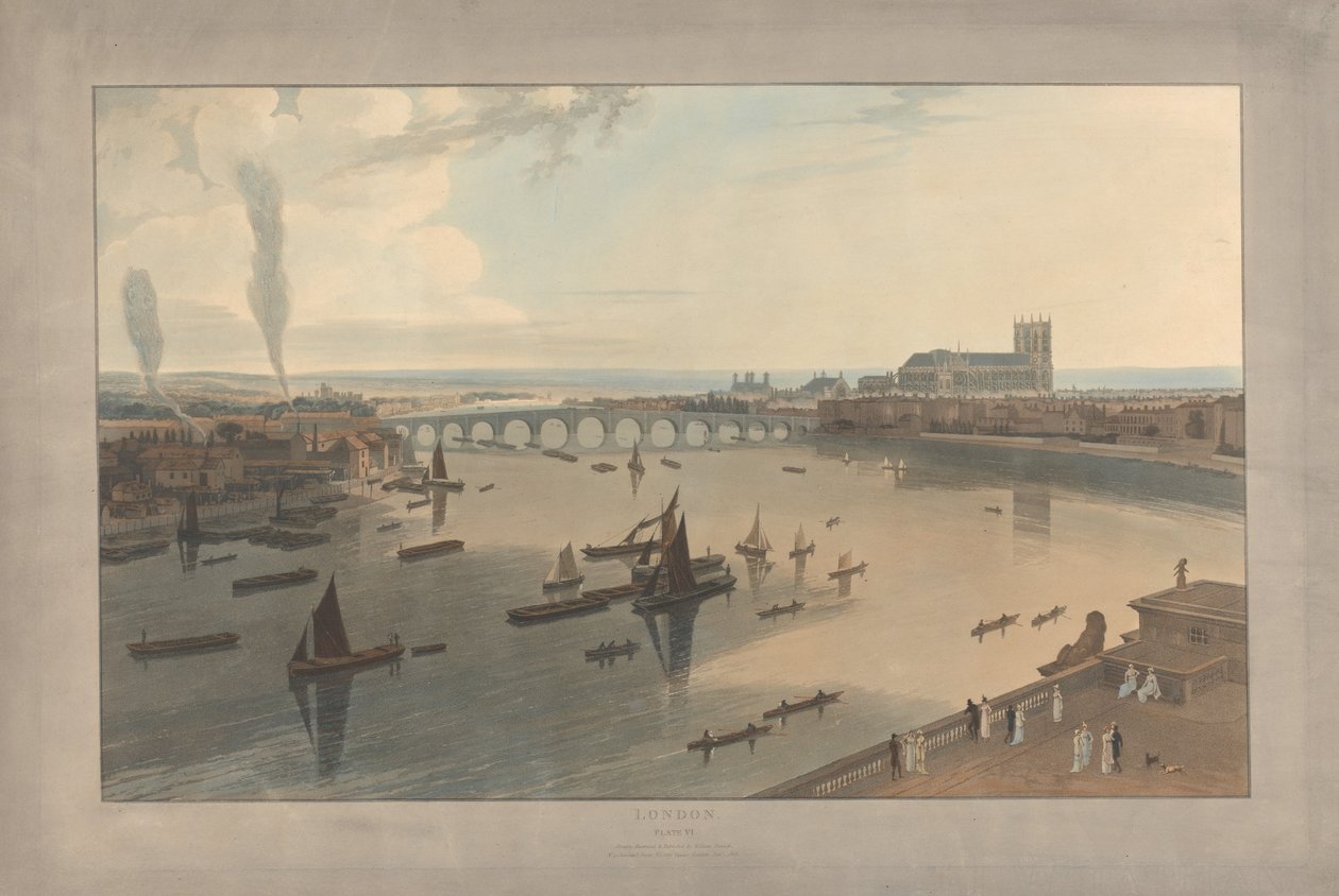 Tavle VI: London, Westminster Bridge og klosteret af William Daniell