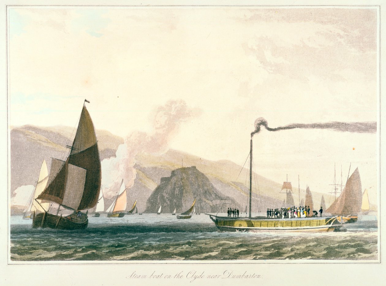 Dampbåd på Clyde nær Dumbarton, c1814 af William Daniell