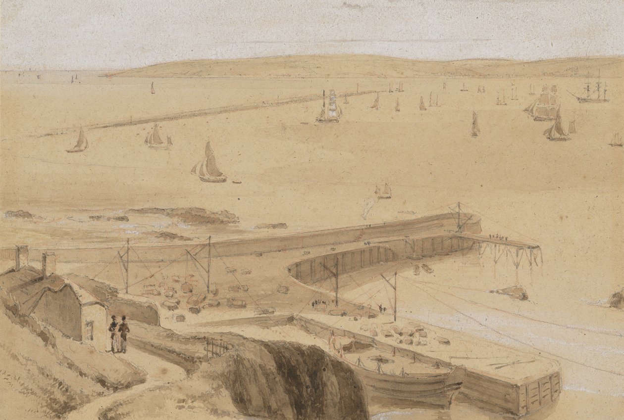 Studie til »Kaj ved Straddon Point nær Plymouth« af William Daniell