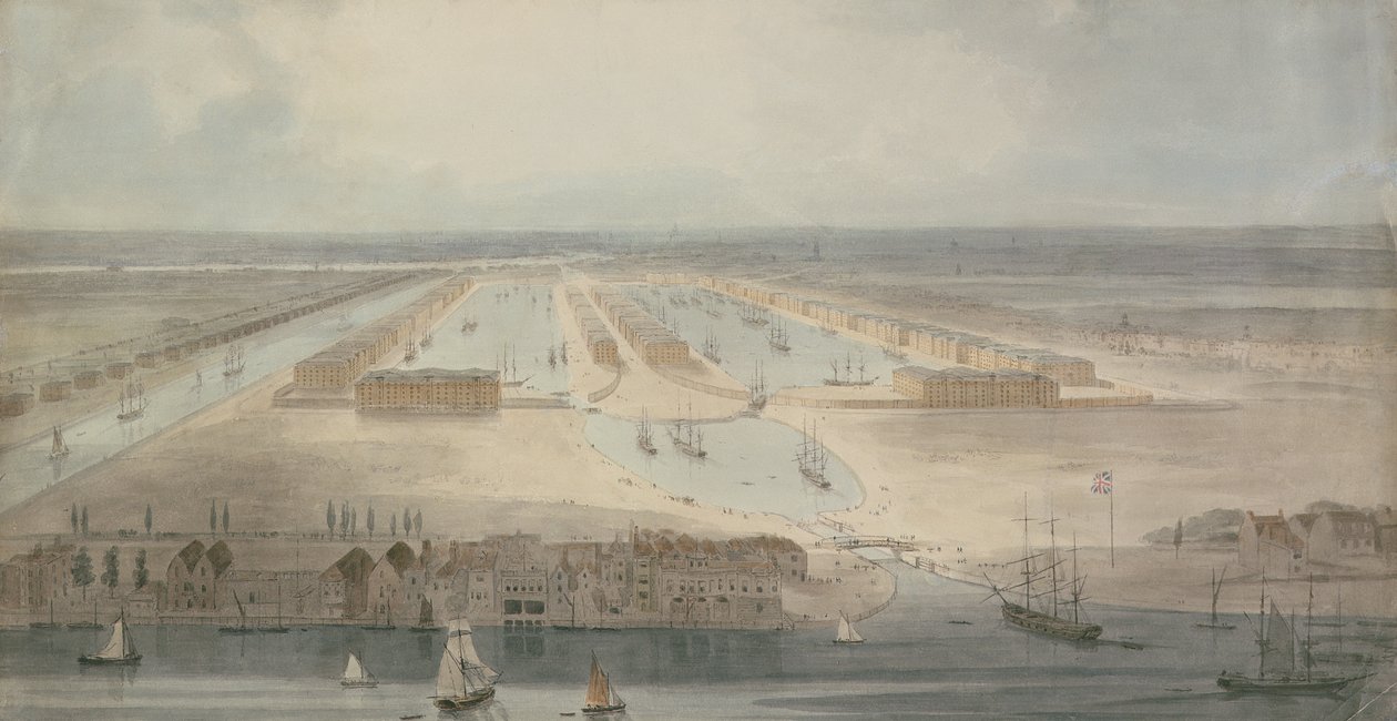 The New Docks, Isle of Dogs (blyant, blæk og vask på papir) af William Daniell