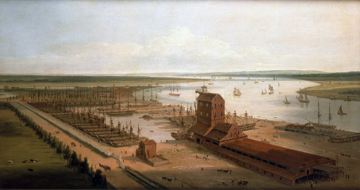 Perry-skibsværfterne (dengang Green) på Brunswick Docks og Blackwall Building, en mastefabrik, langs Themsen (England) af William Daniell