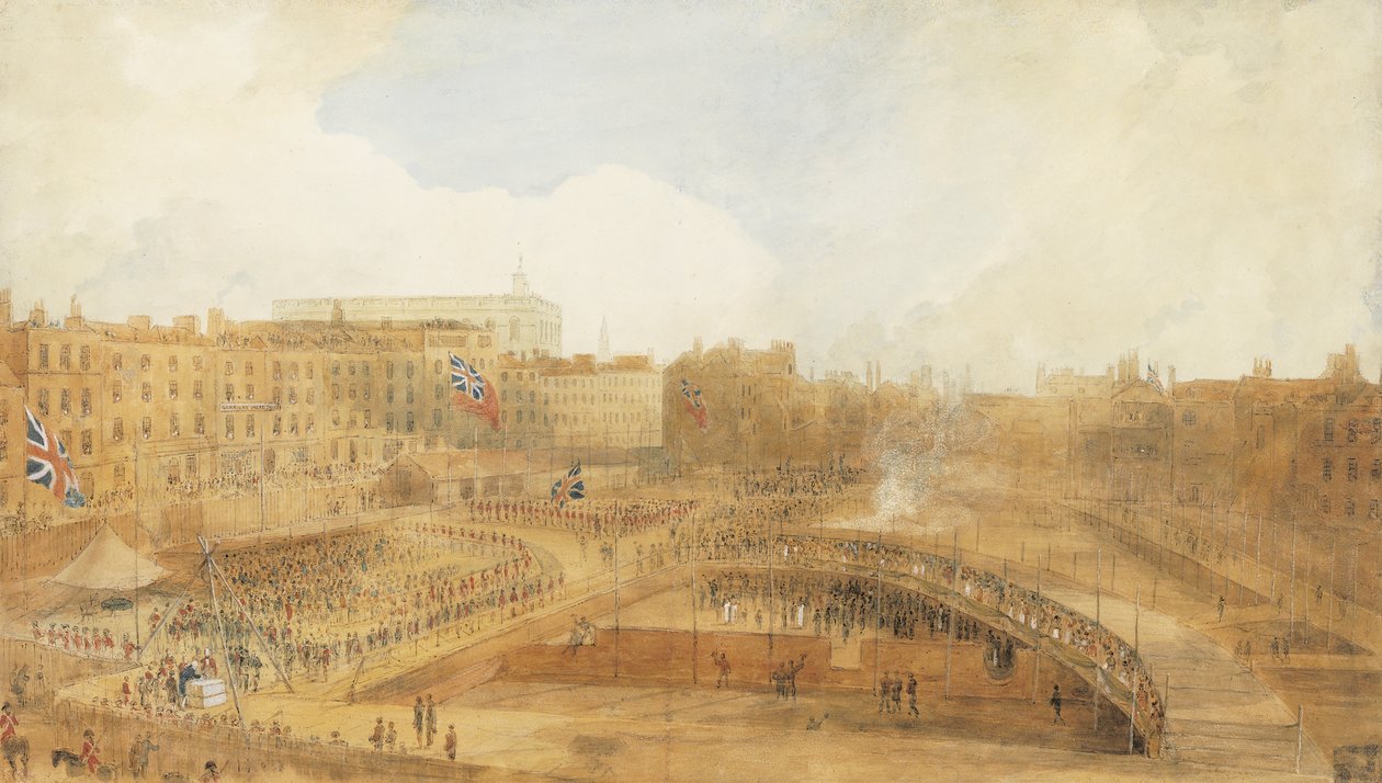 Prinsen af Wales, der lægger grundstenen til Theatre Royal, Covent Garden, 31. december 1808 (blyant, pen & brunt blæk & akvarel forstærket med strejf af kropsfarve & med ridser ud) af William Daniell