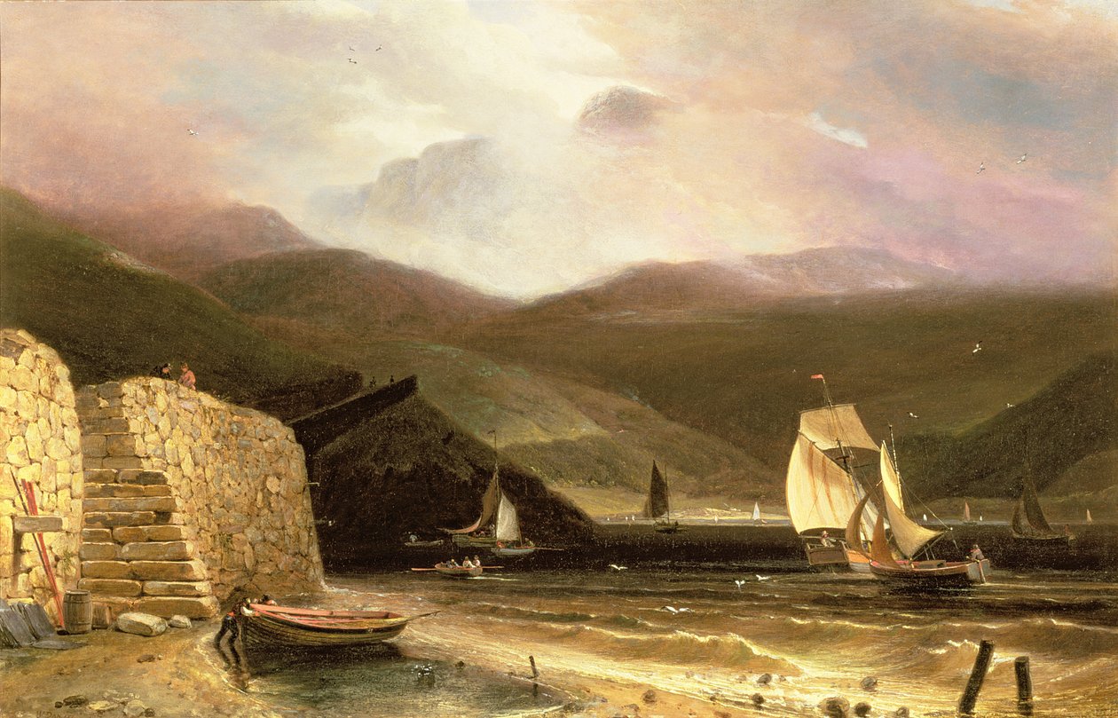 Udsigt over Arran, med sejlskibe i en byge, 1814 af William Daniell