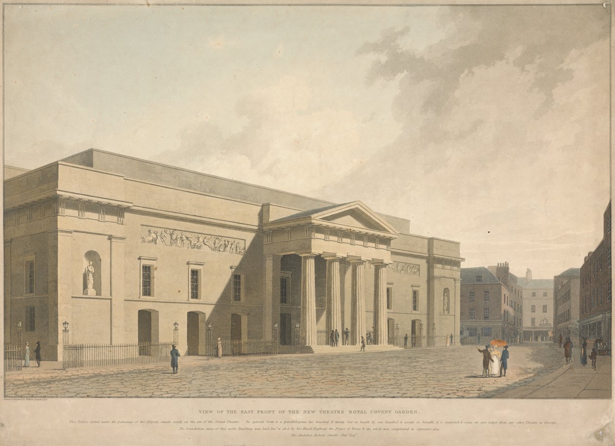 Udsigt over østfacaden på det nye Theatre Royal Covent Garden af William Daniell
