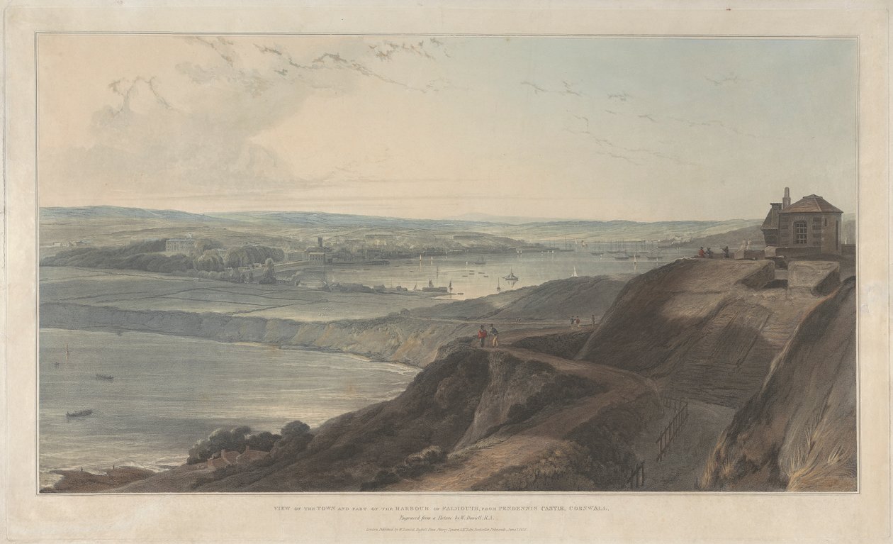 Udsigt over byen og en del af havnen i Falmouth fra Pendennis Castle, Cornwall af William Daniell