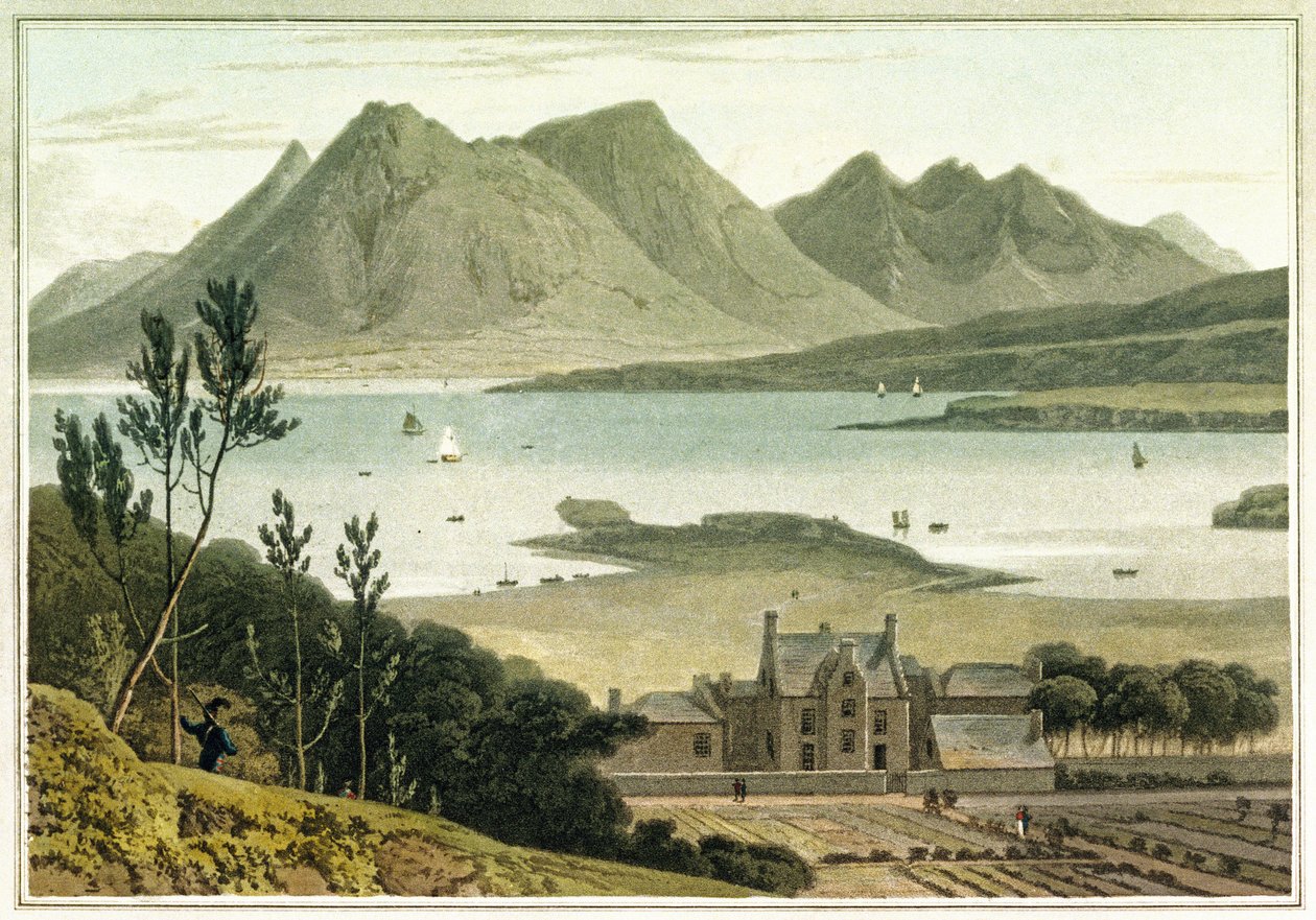 Vestlig udsigt fra Raasay Island (Skotland) med beskrivelse af en stor bygning og dens tilstødende haver. Radering i farver af William Daniell (1769-1837) af William Daniell