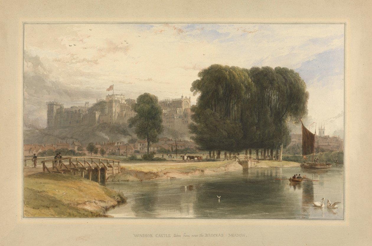 Windsor Castle, fra nær Brocas Meadows, 1827 (wc og pen og blæk på papir lagt på mount) af William Daniell