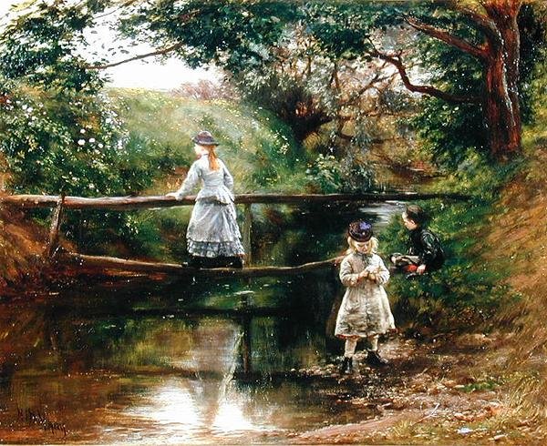 On the Tyne nær Ormiston - Children Gathering Wild Flowers (olie på lærred) af William Darling McKay