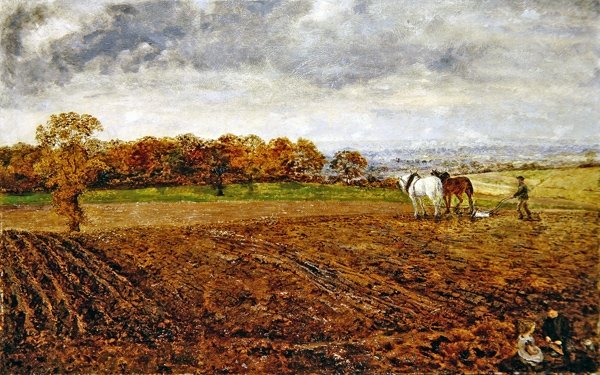 Pløjning i Cheshire (olie på lærred) af William Davis