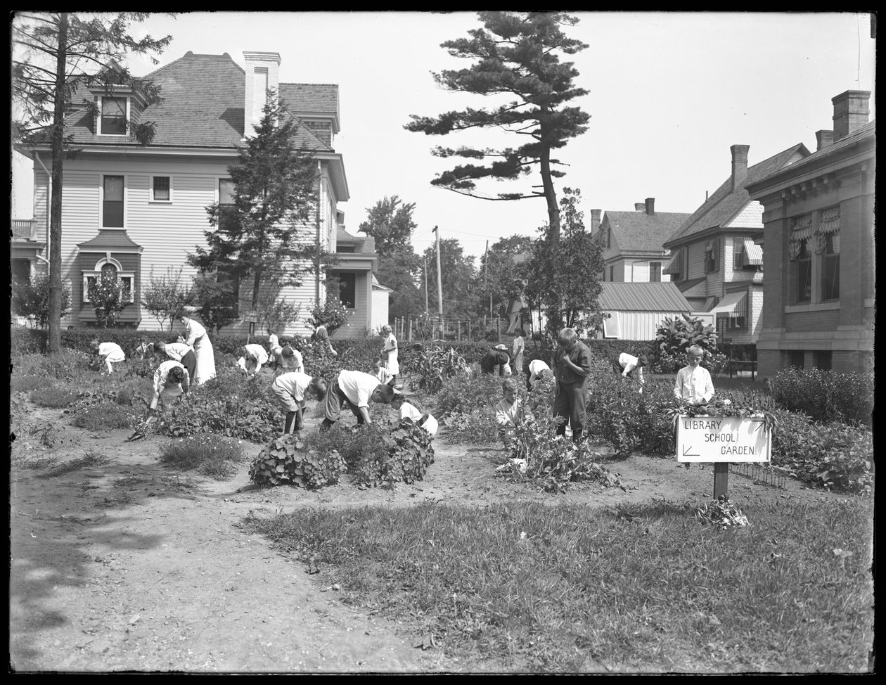 Børn, der arbejder i haven ved Poppenhusen-afdelingen af Queens Borough Public Library, 14. august 1915 af William Davis Hassler