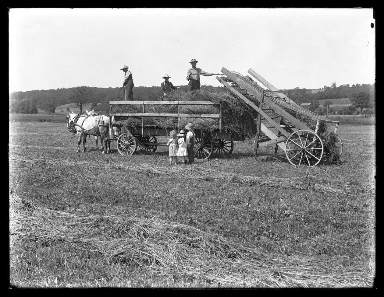 Landarbejdere læsser hø på hestetrukket høvogn, mens tre børn ser på, McCready Farm, Crawford County, Pennsylvania, ca. 1913 af William Davis Hassler
