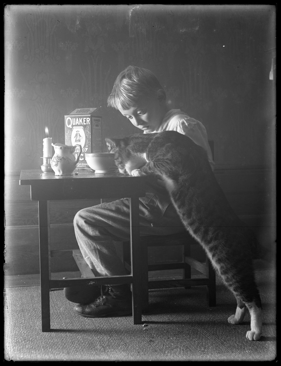 William Gray Hassler og Reddy katten, spiser Quaker puffed ris korn, ca. 1912 af William Davis Hassler