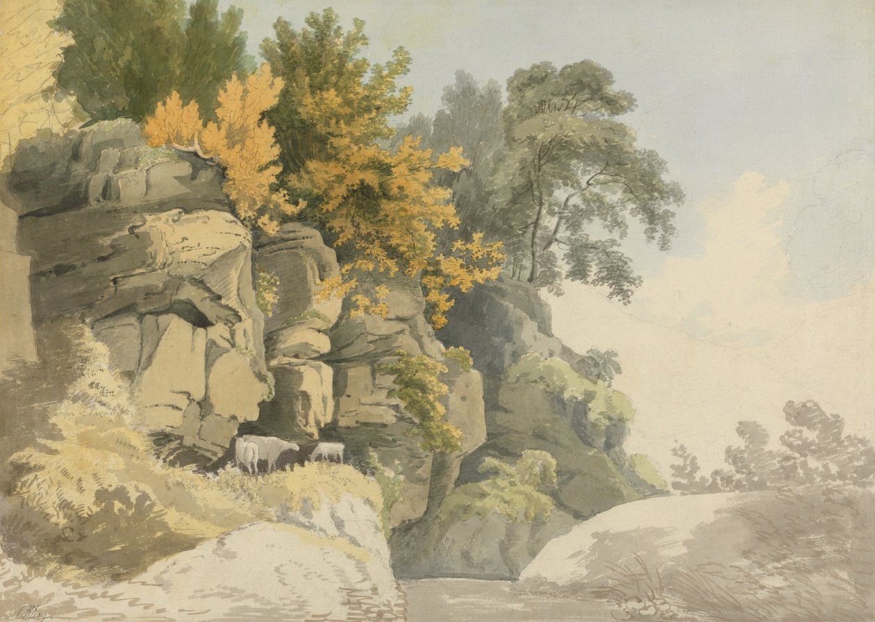 Skovklædte klipper ved en strøm (Derbyshire?) af William Day