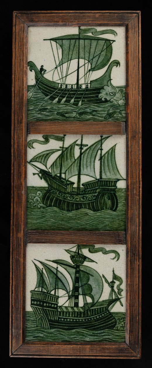 Flisepanel af skibe i fuld sejl, i ramme, ca. 1865-80 (keramik) af William de Morgan