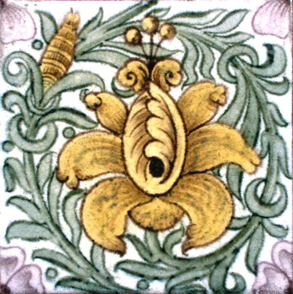 Flise med blomsterdesign (keramik) af William de Morgan