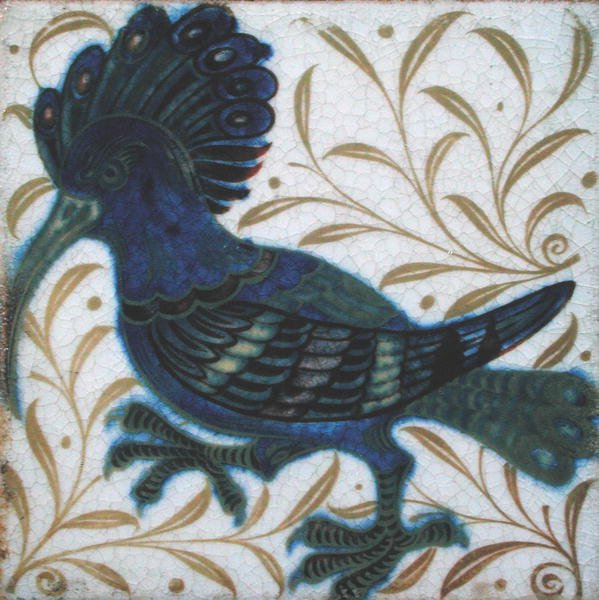 Flise med kolibri-design (keramik) af William de Morgan
