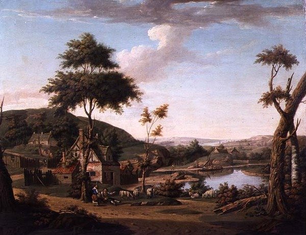 Flodlandskab med figurer uden for et sommerhus af William Deas