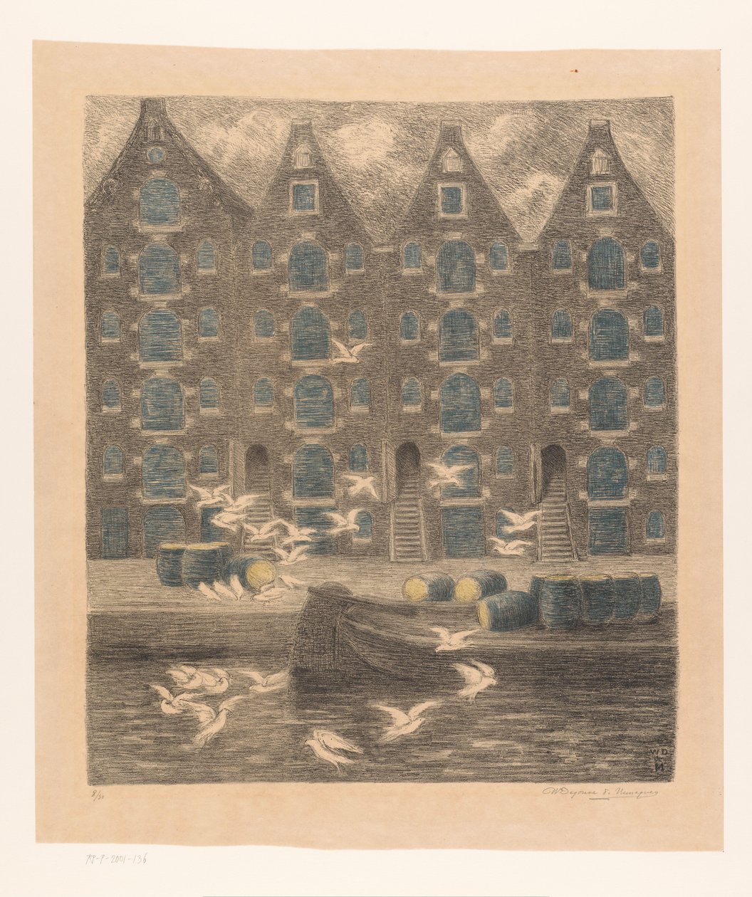 Pakhuse på Brouwersgracht i Amsterdam af William Degouve de Nuncques (signed by artist)