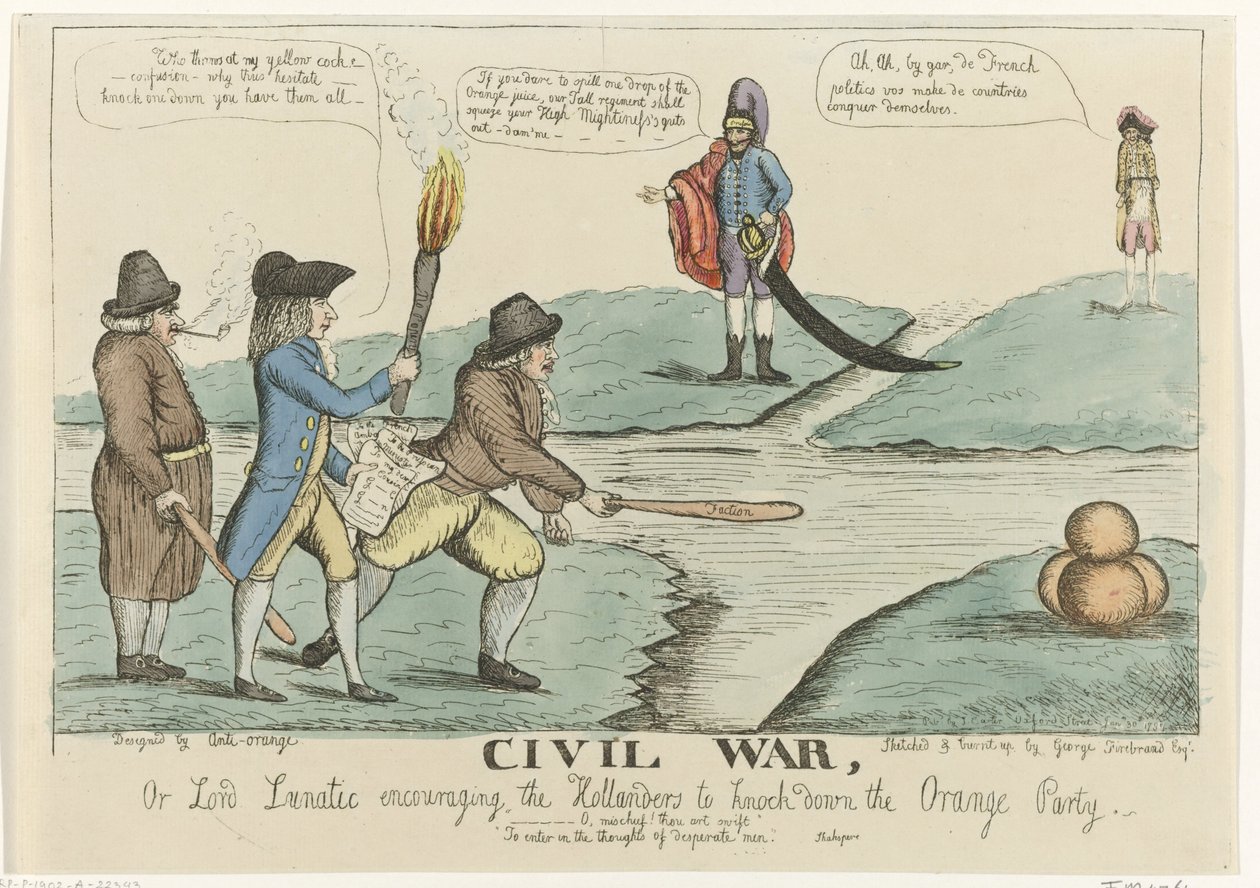 Engelsk tegneserie om den hollandske borgerstrid, 1787 Borgerkrig eller Lord Lunatic, der opmuntrer hollænderne til at vælte Orange Party (titel på objekt) af William Dent
