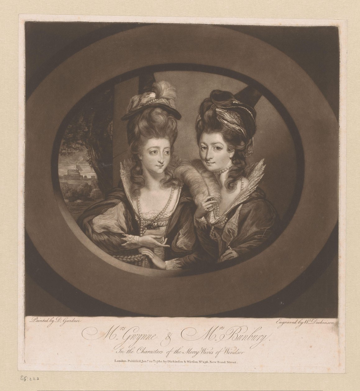 Portret af Mary Gwyn og Catherine Bunbury Mrs. Gwynne og Mrs. Bunbury, / i karaktererne Merry Wives of Windsor (titel på objektet) af William Dickinson