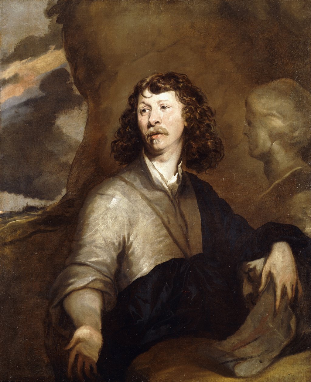 Portræt af en gentleman, muligvis kunstneren, i halv længde, i en brun kappe og blå omslag, ved siden af en marmorbuste, i et klippelandskab, af William Dobson