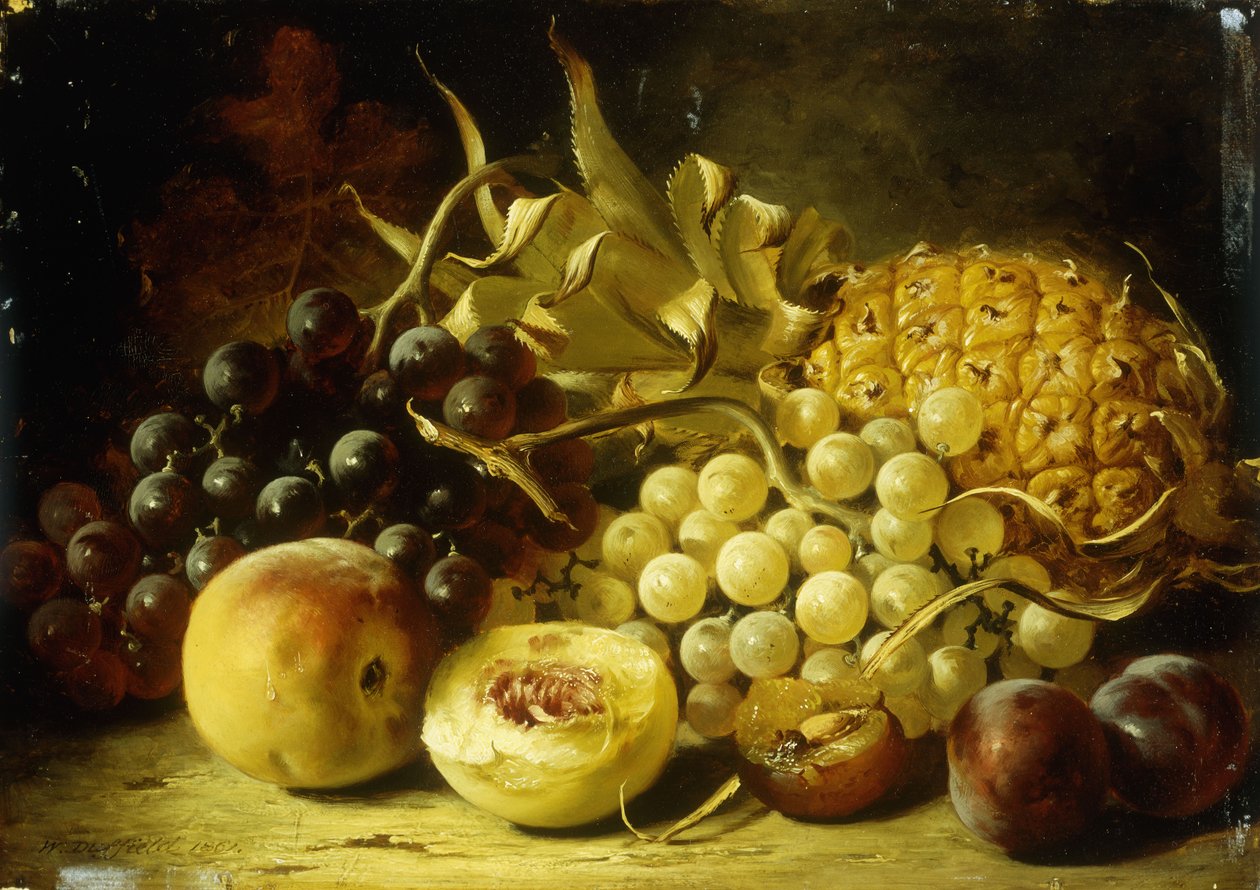 Et stilleben med druer, ferskner, blommer og en ananas, 1861 af William Duffield