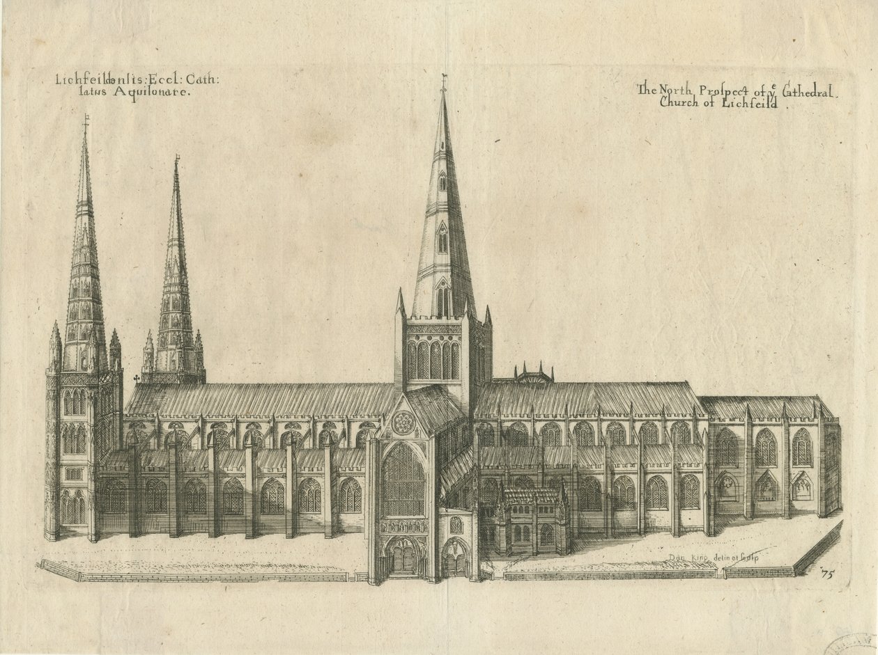 Lichfield Cathedral - South View: kobberpladegravering, nd [?midten af det 17. århundrede] af William Dugdale