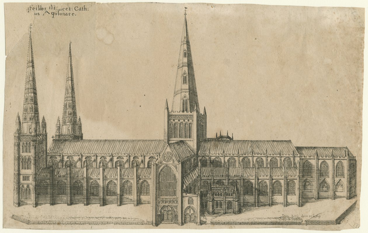 Lichfield Cathedral - South View: kobberpladegravering, nd [?midten af det 17. århundrede] af William Dugdale