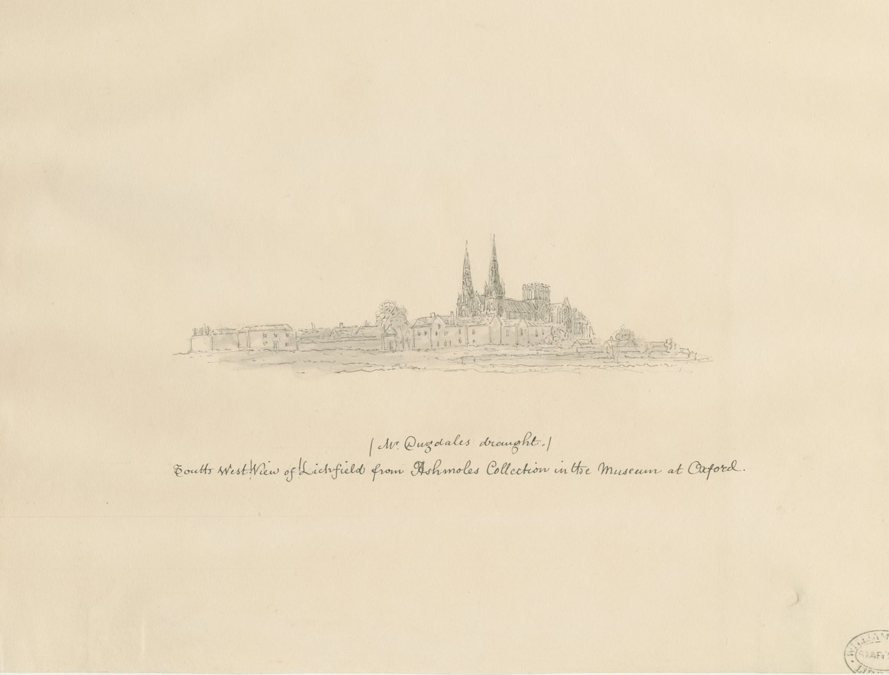 Lichfield Cathedral - South West View: blyantstegning og [?17. århundrede] (tegning) af William Dugdale