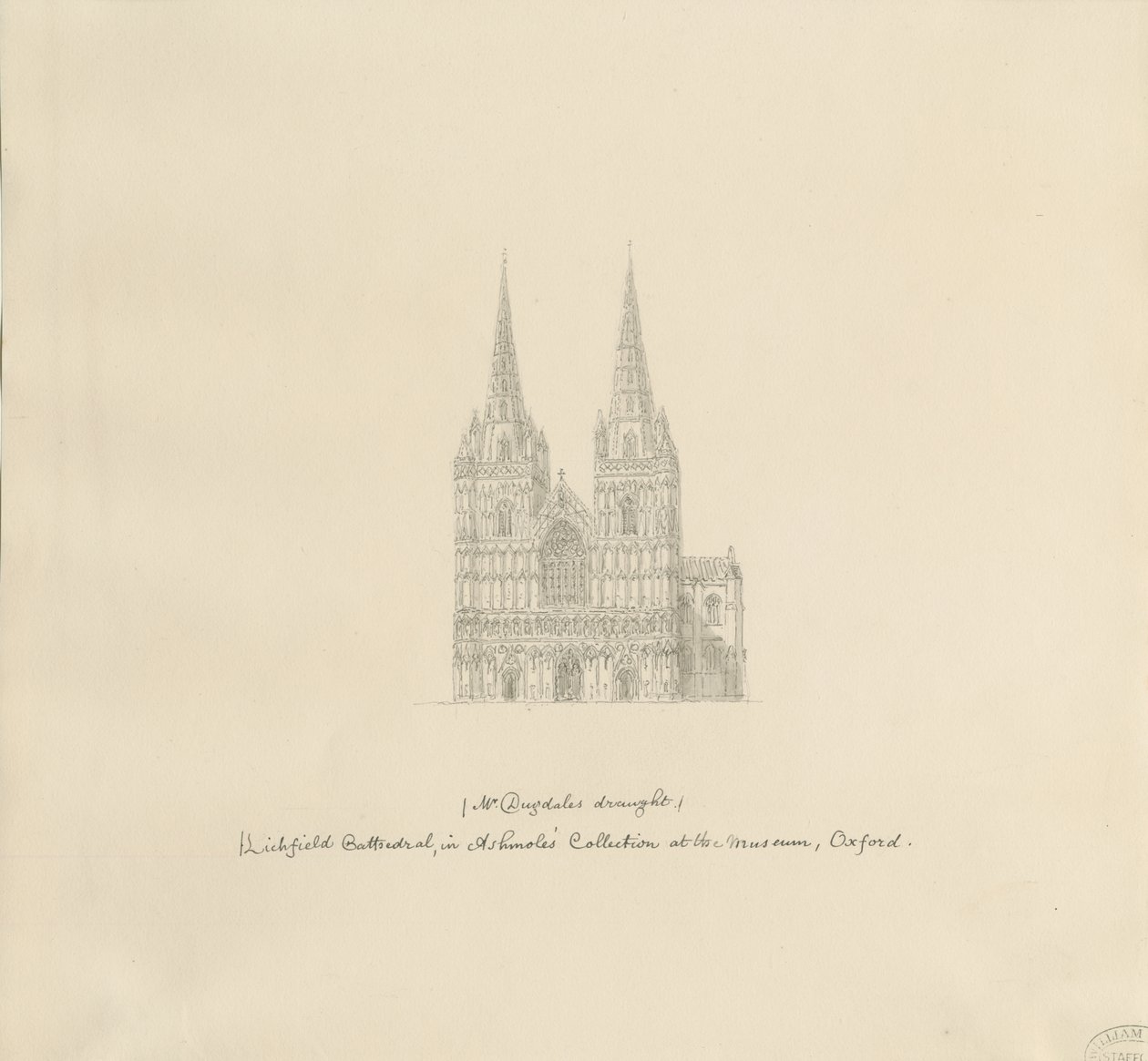 Lichfield Cathedral - Vestfronten: pennetegning, nd [slut 17. århundrede] (tegning) af William Dugdale