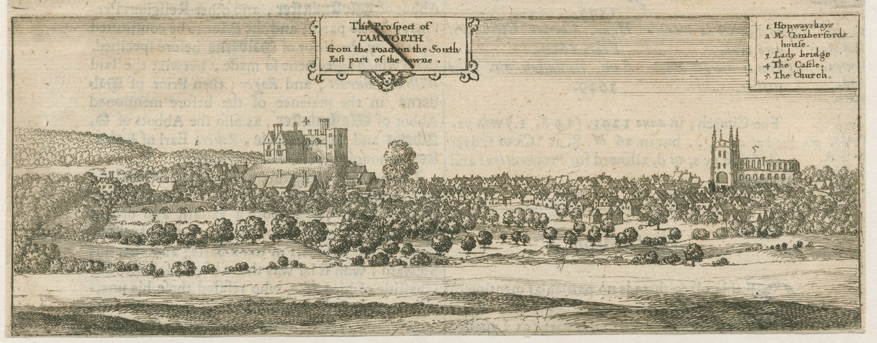 Tamworth - Panorama: gravering og [17. århundrede] af William Dugdale