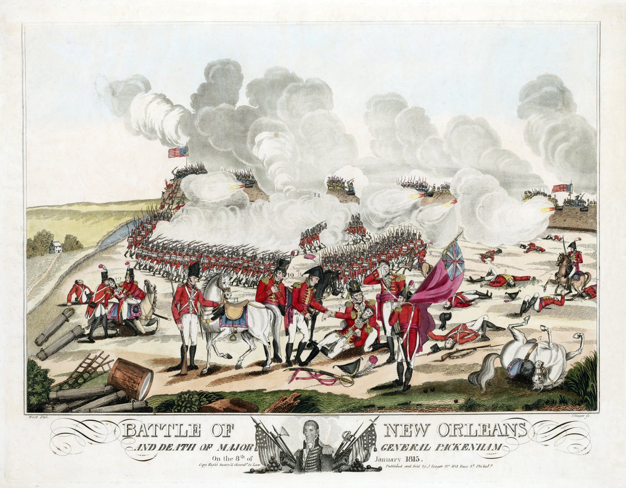 Slaget ved New Orleans og generalmajor Packenhams død den 8. januar 1815, pub. 1815 (farvet gravering) af William Edward (after) West