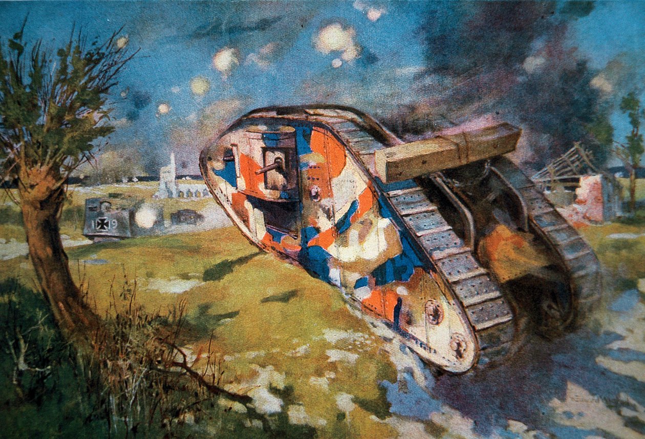 Camoufleret britisk Mk IV kampvogn i aktion mod en tysk kampvogn i 1. verdenskrig, illustration offentliggjort i 