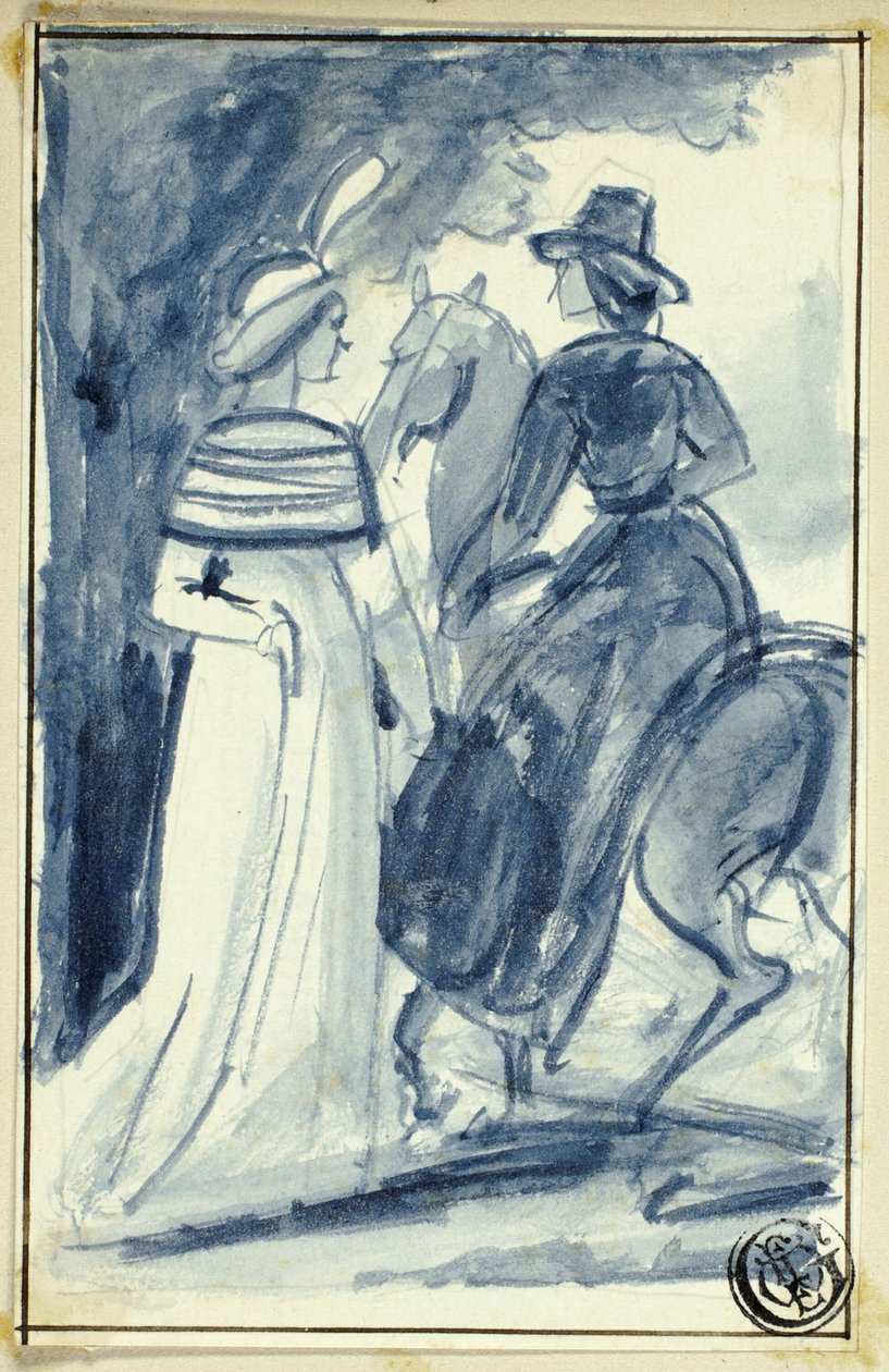 To kvinder (en på hesteryg) i slutningen af det 18. århundrede kjole af William Edward Frost