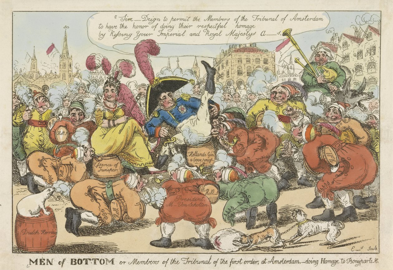 Hollændere vil kysse Napoleons bagside, 1811 Men of Bottom eller medlemmer af Tribunal af første orden i Amsterdam - hyldest Bonyparte (titel på objekt) af William Elmes