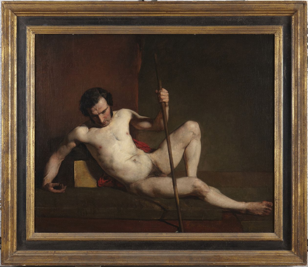 Mandlig nøgenmodel lænet mod en stav af William Etty