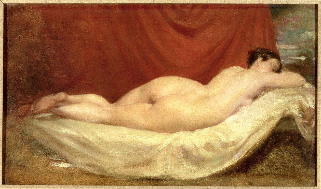 Nøgen liggende på en sofa mod et rødt gardin af William Etty