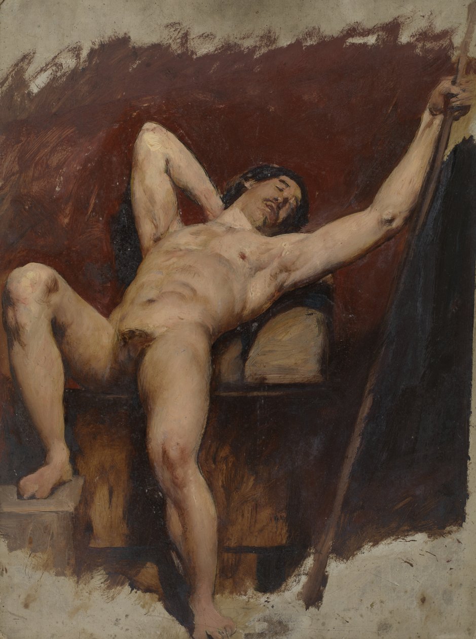 Liggende nøgen mand, hævet højre knæ, 1815-45 af William Etty
